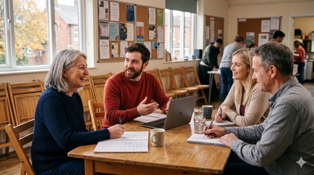 Volunteers from an association collaborating around a table in a community hall